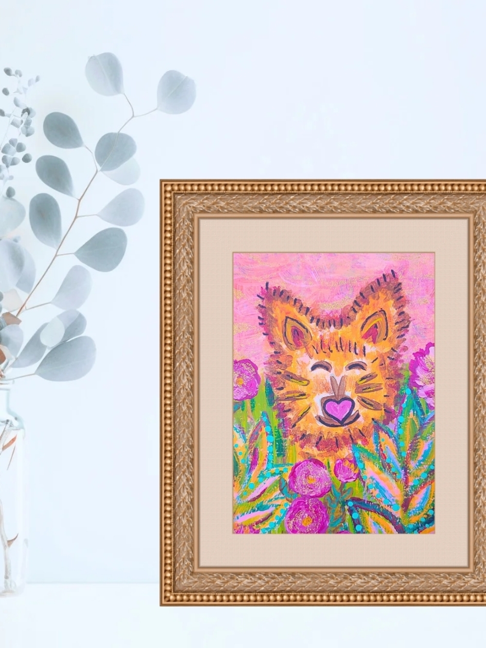 Pink Floral Friendly Tiger Cat Lion Wall Art Print Nursery Art UNFRAMED 8X10
